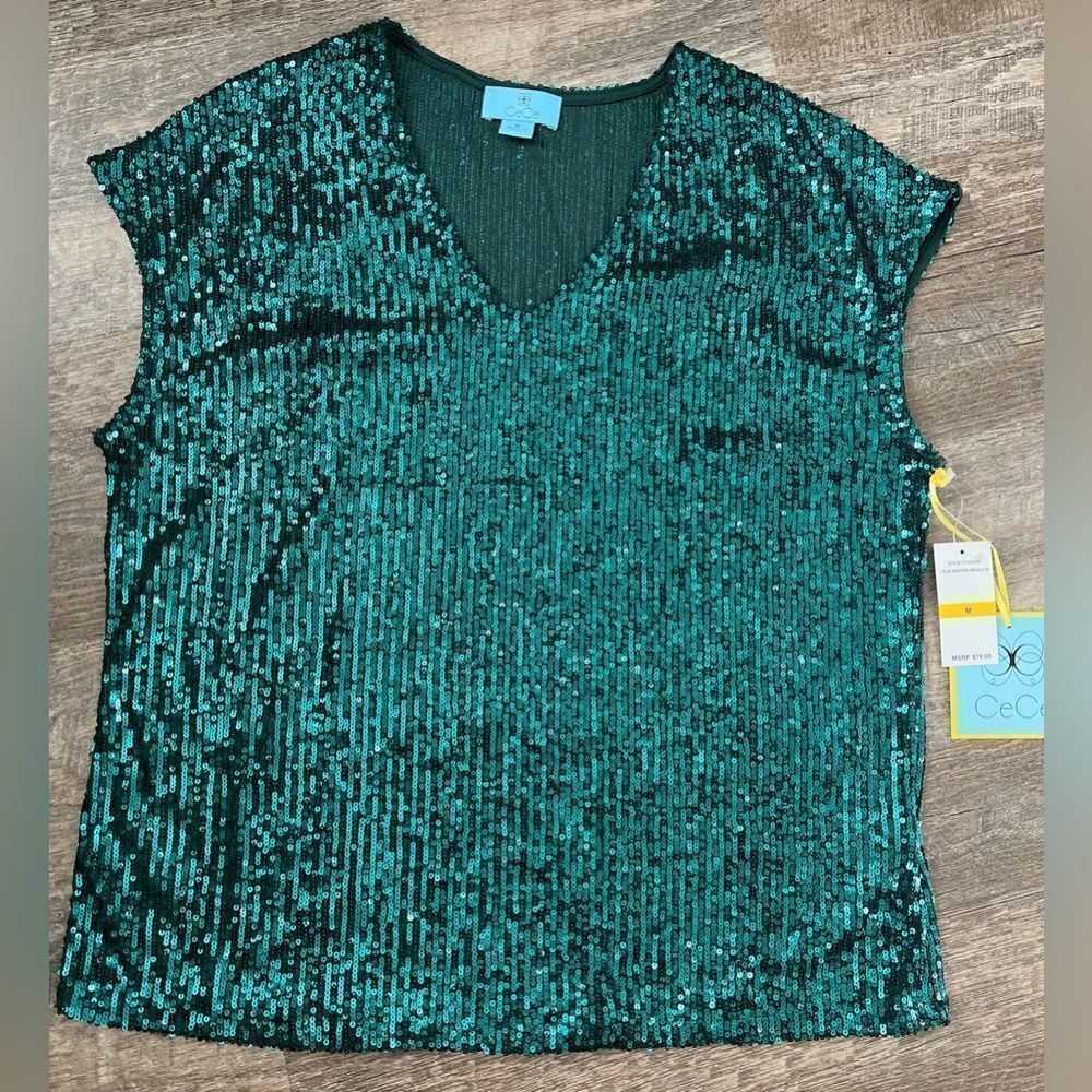 CeCe Sequined V-Neck Cap-Sleeve Green Blouse-Size Medium